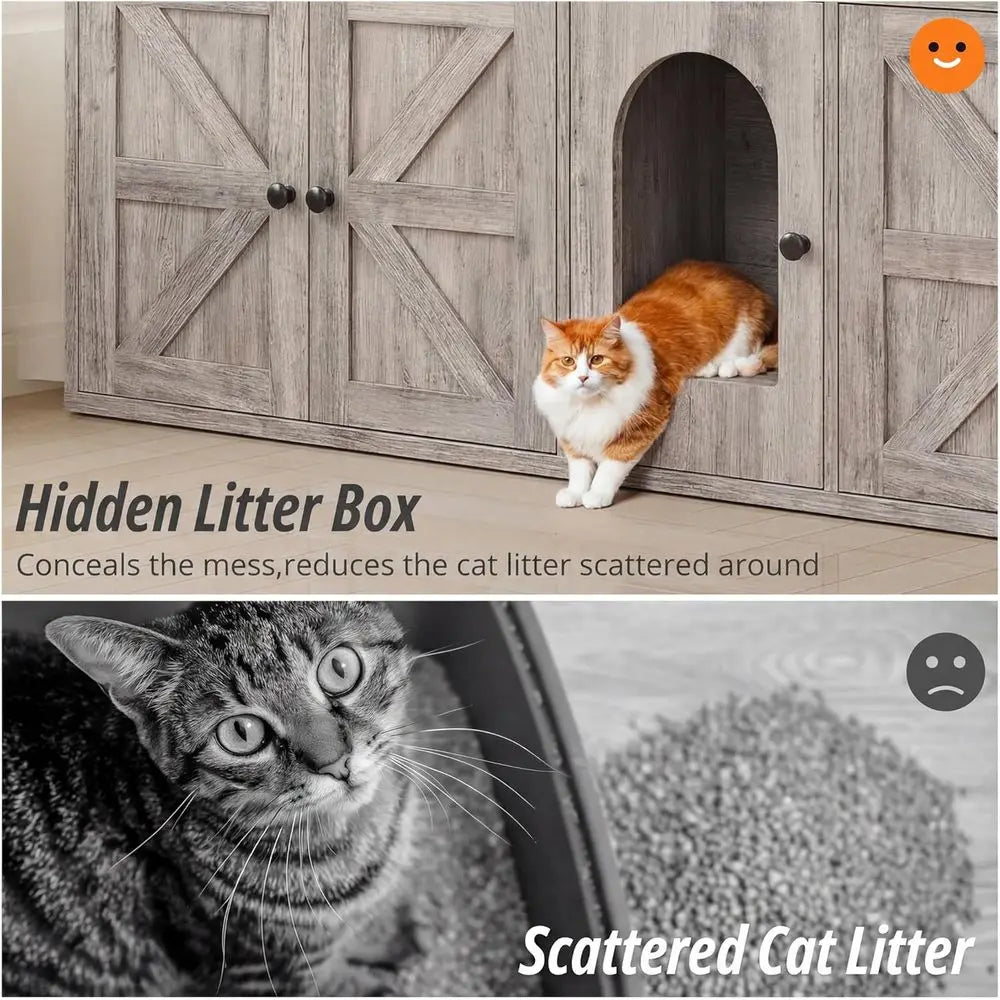 Cat Litter Box Enclosure or 2 Cats, Litter Box Urniture Hidden with Double Room and Large Storage Space, Wooden Washroom Urnitur