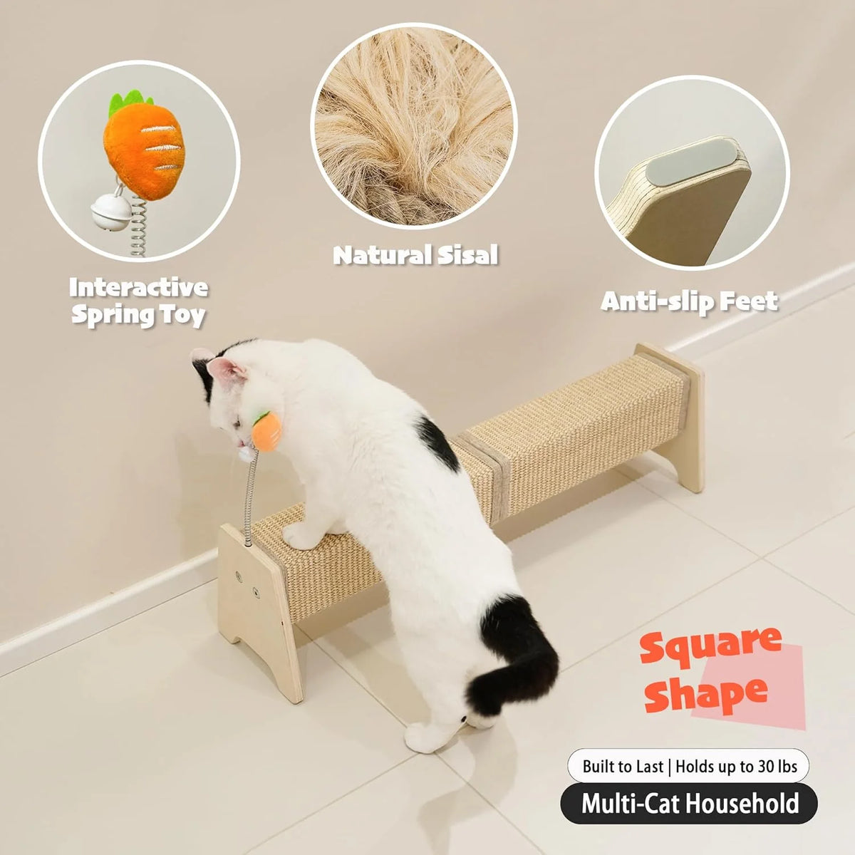 Horizontal Scratching Post, 30" Sisal Cat Scratch Pad, Large Cat Scratcher with Spring Toy, Protect Furniture for Indoor Kitten