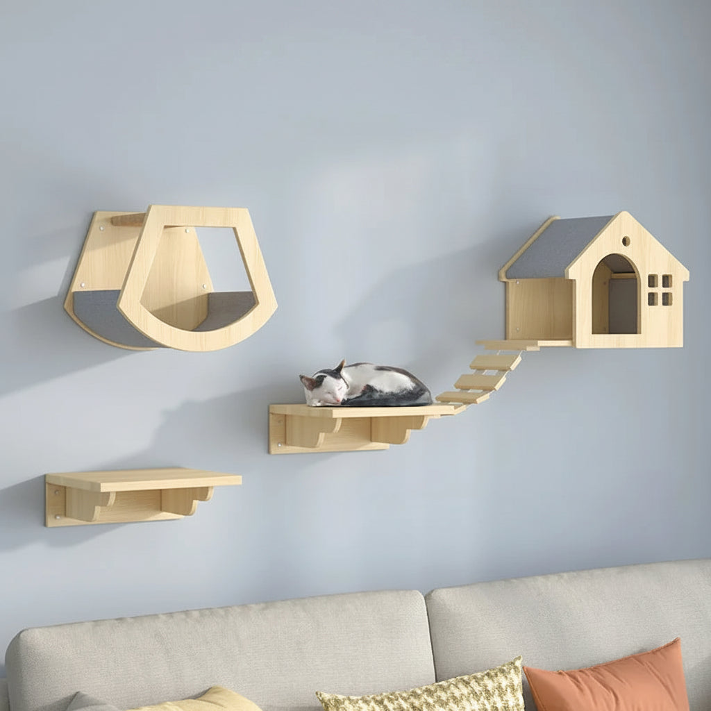 Wooden Cat House Climbing Shelf Wall Mounted Kitten Villa Floating Shelves for Sleeping and Resting Pet Wall Furniture