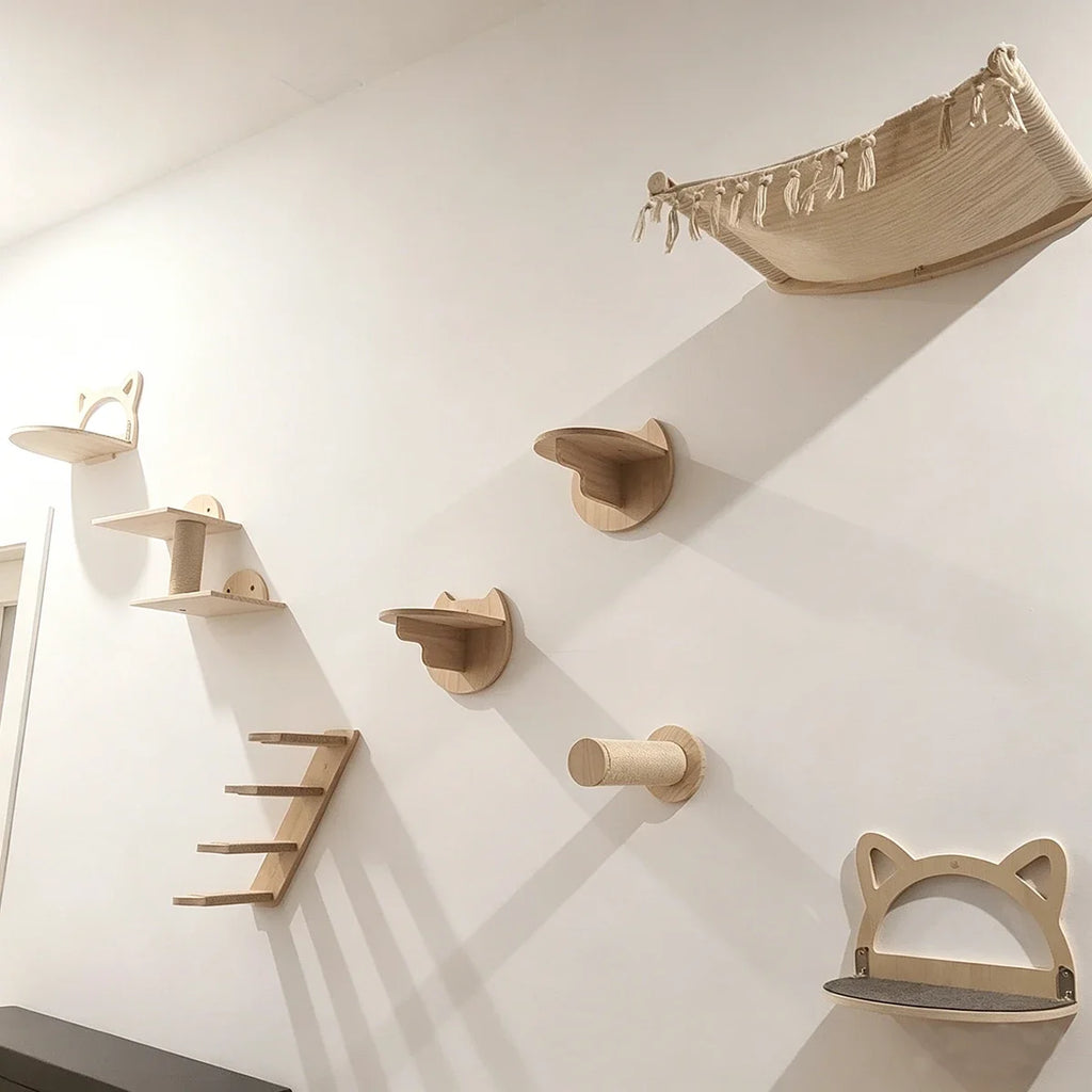 Wall-Mounted Cat Hammock Wooden Cat Tree Tower Jumping Platform Hammock Scratching Post Stairs Perches Shelves Cats Furniture