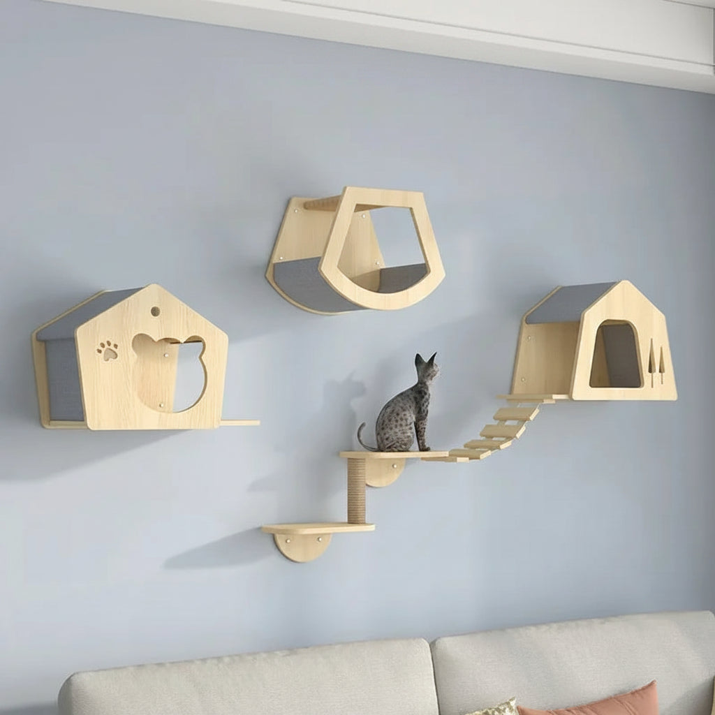 Wooden Cat House Climbing Shelf Wall Mounted Kitten Villa Floating Shelves for Sleeping and Resting Pet Wall Furniture