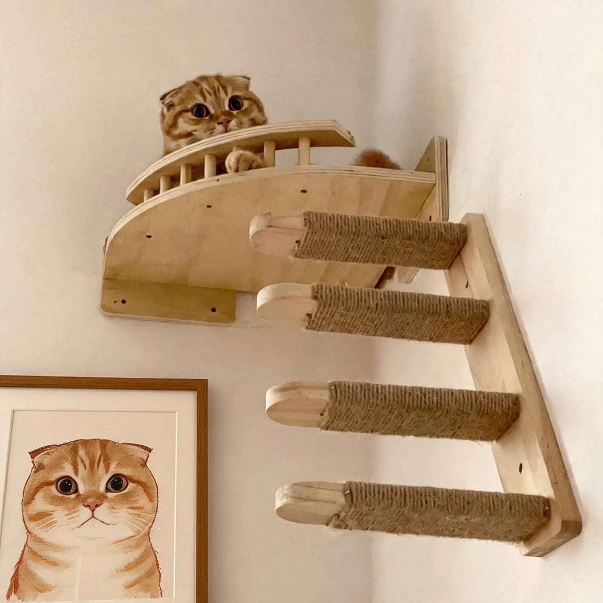 Wall-Mounted Cat Hammock Wooden Cat Tree Tower Jumping Platform Hammock Scratching Post Stairs Perches Shelves Cats Furniture