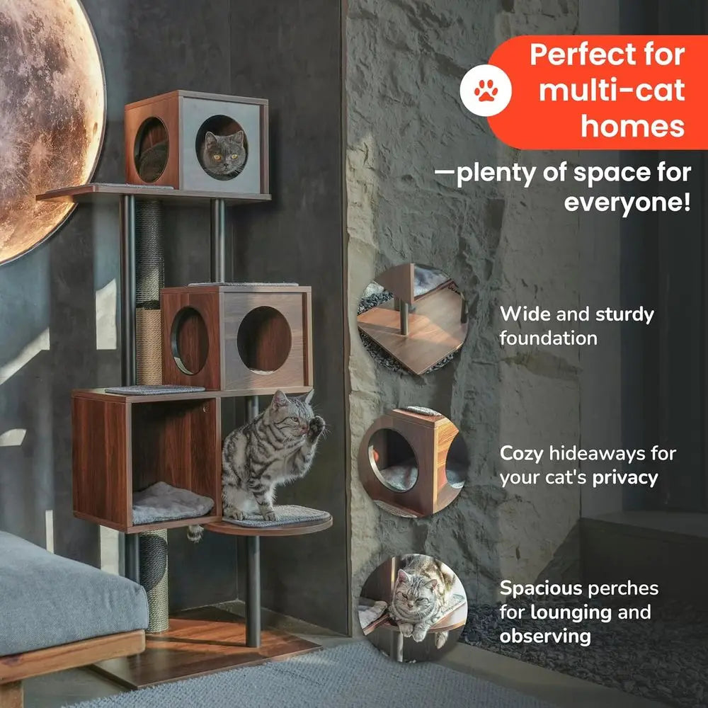 Stylish Wooden Cat Tower & Scratching Post - 60 Decor-Friendly, 48 Tall Post, 3-Level Condo for Multi-Cat Comfort