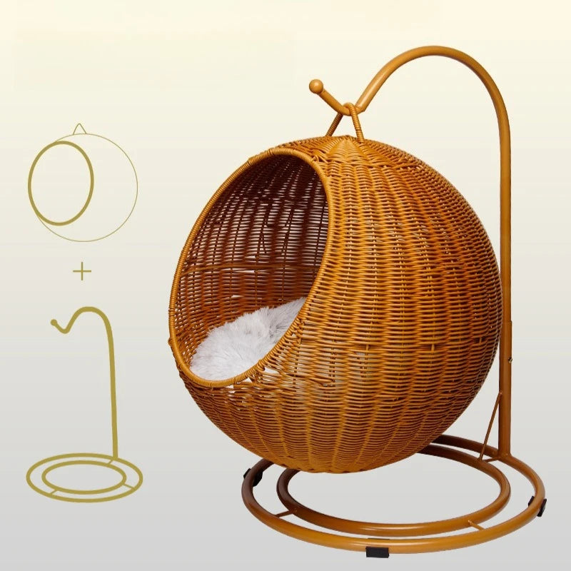 Rattan Hanging Cat Bed Soft Cushioned Cat Hammock Breathable Detachable Cats Beds Home Decor Swing Nest for Cats Small Dog