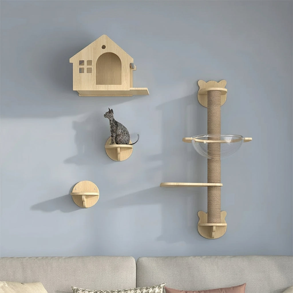 Wooden Cat House Climbing Shelf Wall Mounted Kitten Villa Floating Shelves for Sleeping and Resting Pet Wall Furniture