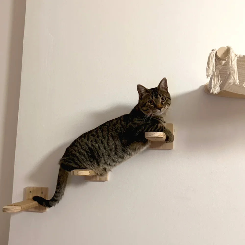 Wall-Mounted Cat Hammock Wooden Cat Tree Tower Jumping Platform Hammock Scratching Post Stairs Perches Shelves Cats Furniture