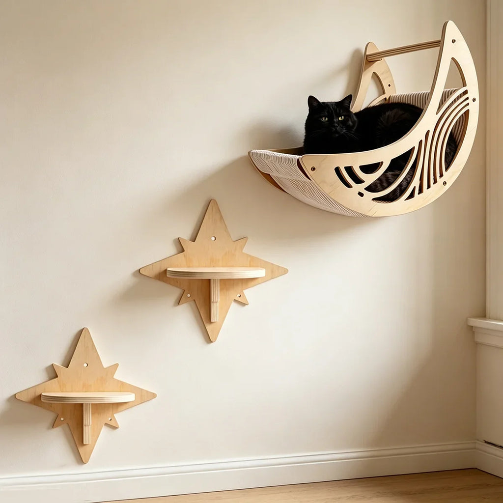 Wall-Mounted Cat Hammock Wooden Cat Tree Tower Jumping Platform Hammock Scratching Post Stairs Perches Shelves Cats Furniture