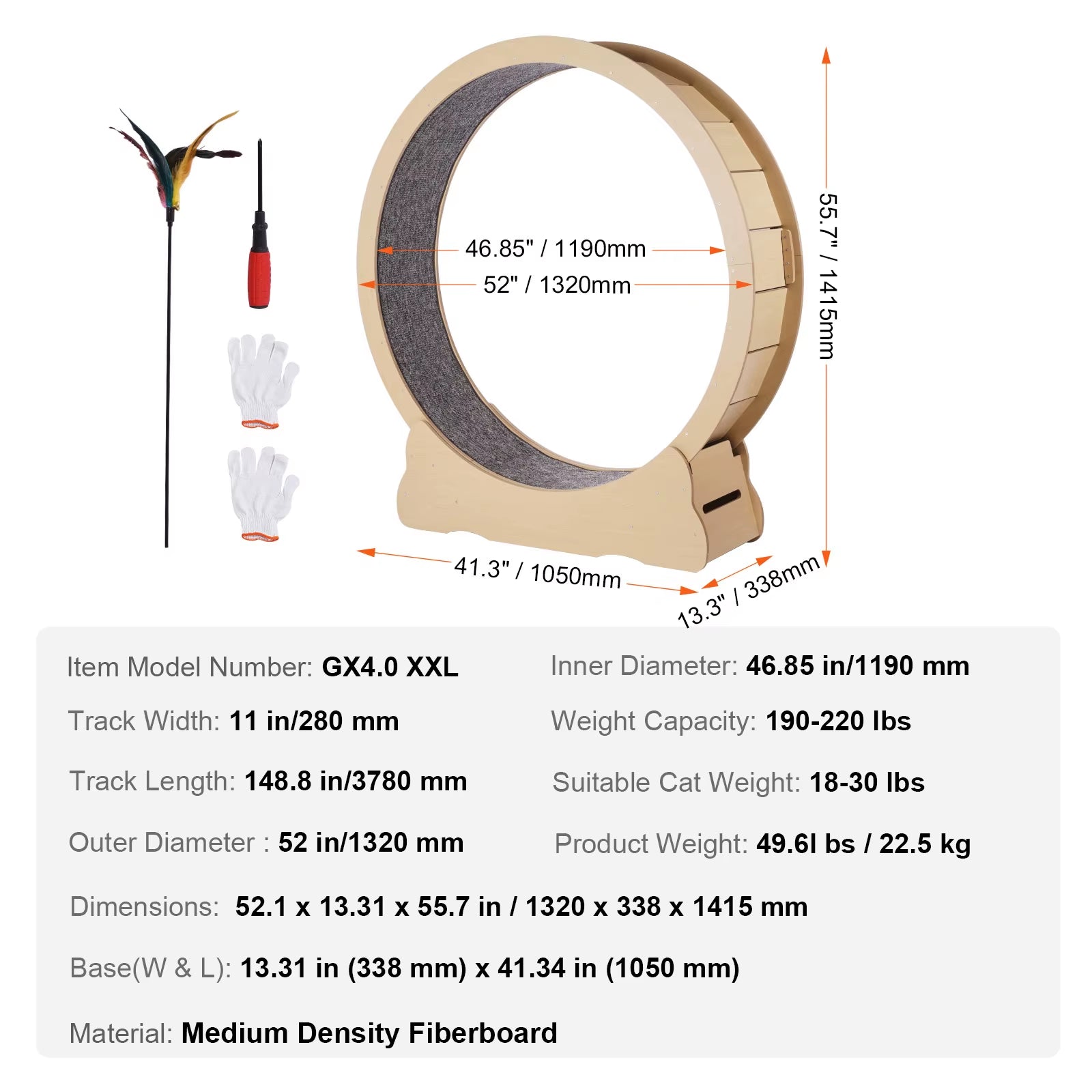 Succebuy Wooden Cat Exercise Wheel Large Cat Treadmill Wheel for Indoor Cat Running Wheel with Detachable Carpet& Cat Teaser