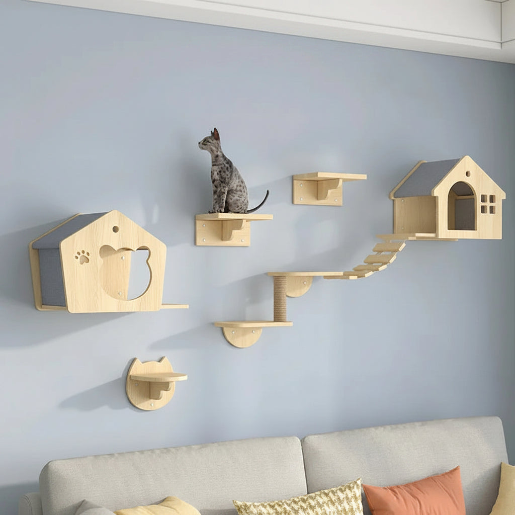 Wooden Cat House Climbing Shelf Wall Mounted Kitten Villa Floating Shelves for Sleeping and Resting Pet Wall Furniture