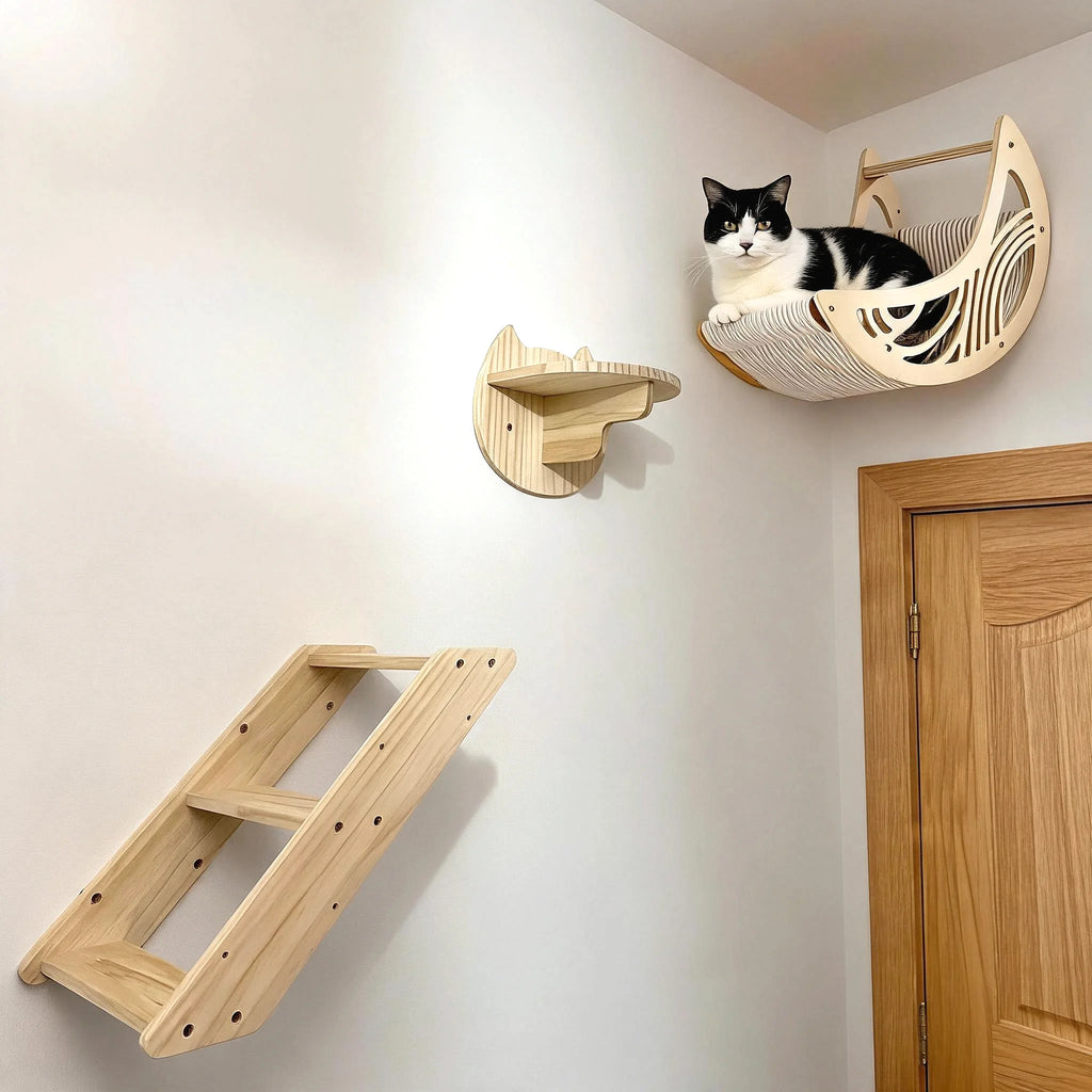 Wall-Mounted Cat Hammock Cat Tree Tower Scratching Post Star-Shaped Steps Ladder Kitten Hiding House Indoor Cats Playground