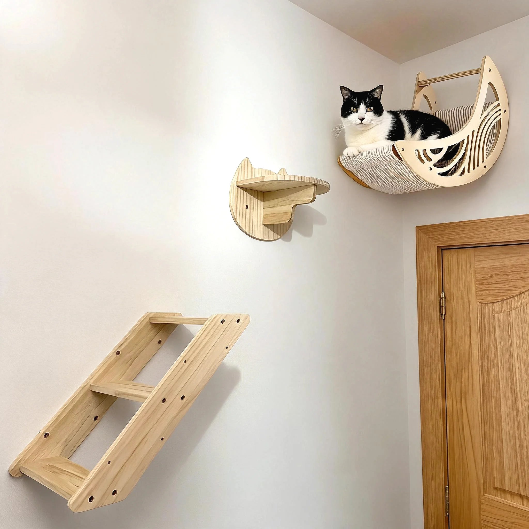Wall-Mounted Cat Hammock Cat Tree Tower Scratching Post Star-Shaped Steps Ladder Kitten Hiding House Indoor Cats Playground