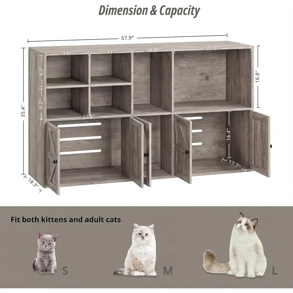 Cat Litter Box Enclosure or 2 Cats, Litter Box Urniture Hidden with Double Room and Large Storage Space, Wooden Washroom Urnitur