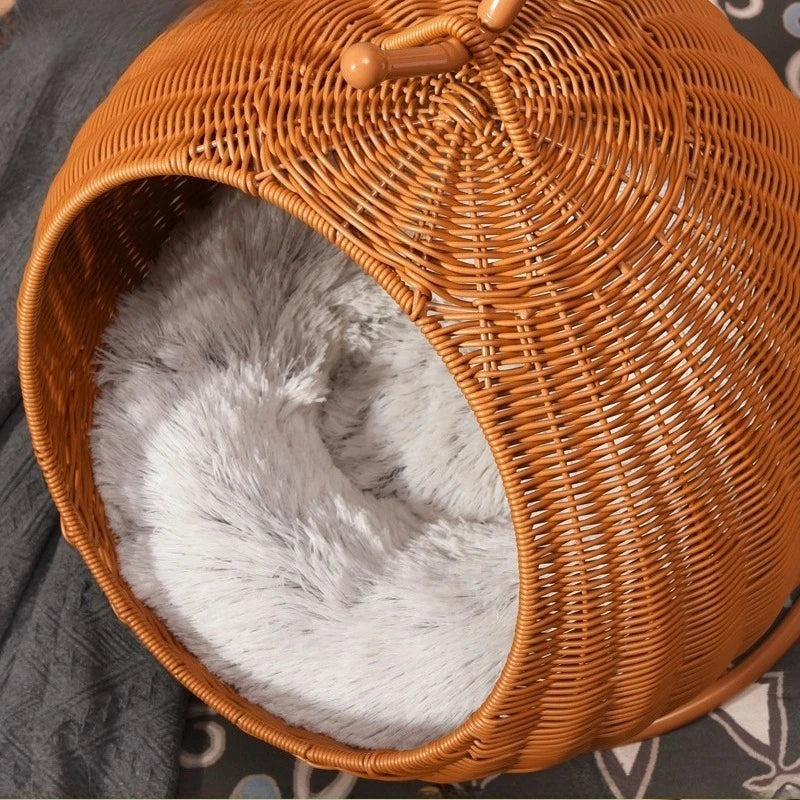 Rattan Hanging Cat Bed Soft Cushioned Cat Hammock Breathable Detachable Cats Beds Home Decor Swing Nest for Cats Small Dog