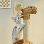 Dinosaur Cat Tree Tower with Sisal Scratching Post Large Rattan Cat Condo for Indoor Wicker Cat Bed with Removable Mat Cat Toys