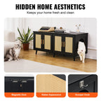 Cat Litter Box Enclosure for 2 Cats, Litter Box Furniture Hidden with Rattan Decorated Doors, Wooden Cat Box Cabinet Fit Most of Litter Box, 47.2L X 19.7W X 21.7H, Black