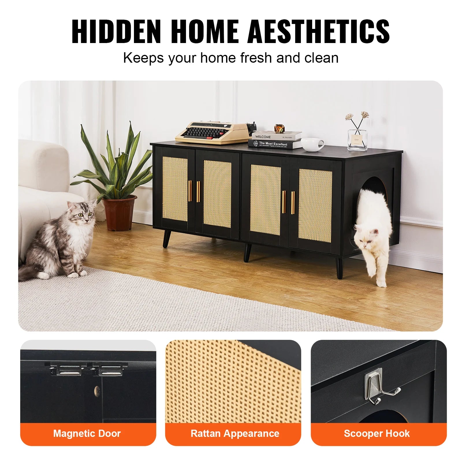 Cat Litter Box Enclosure for 2 Cats, Litter Box Furniture Hidden with Rattan Decorated Doors, Wooden Cat Box Cabinet Fit Most of Litter Box, 47.2L X 19.7W X 21.7H, Black
