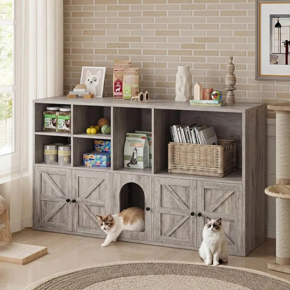 Cat Litter Box Enclosure or 2 Cats, Litter Box Urniture Hidden with Double Room and Large Storage Space, Wooden Washroom Urnitur