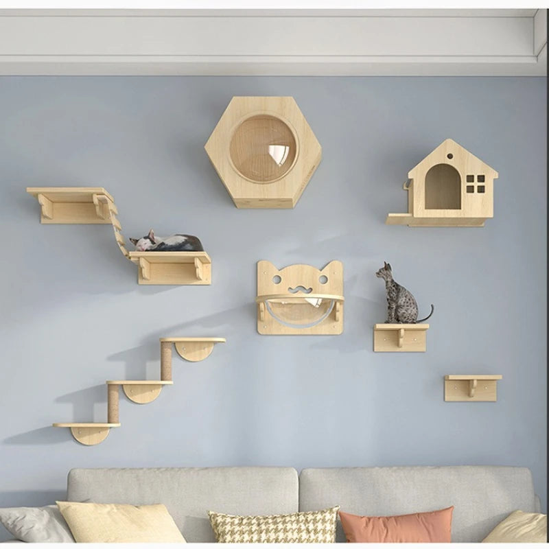 Wooden Cat House Climbing Shelf Wall Mounted Kitten Villa Floating Shelves for Sleeping and Resting Pet Wall Furniture