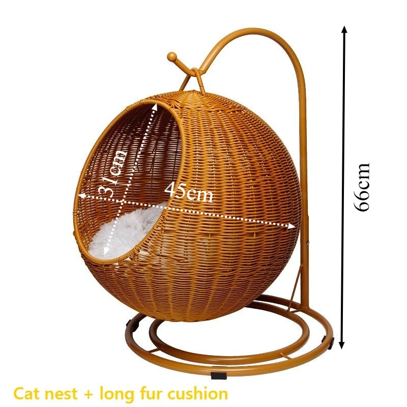 Rattan Hanging Cat Bed Soft Cushioned Cat Hammock Breathable Detachable Cats Beds Home Decor Swing Nest for Cats Small Dog