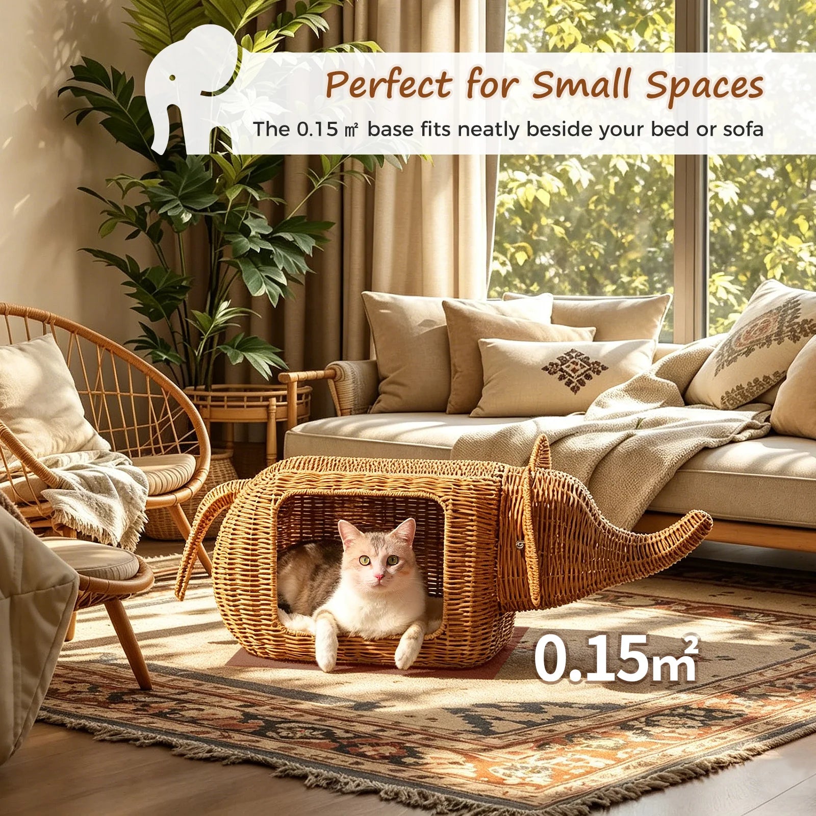 Elephant Cat Condo with Thick Plush Cushion Cute Handwoven Wicker Kitten House for Indoor Cats Natural Rattan Pet Beds Cat Nest