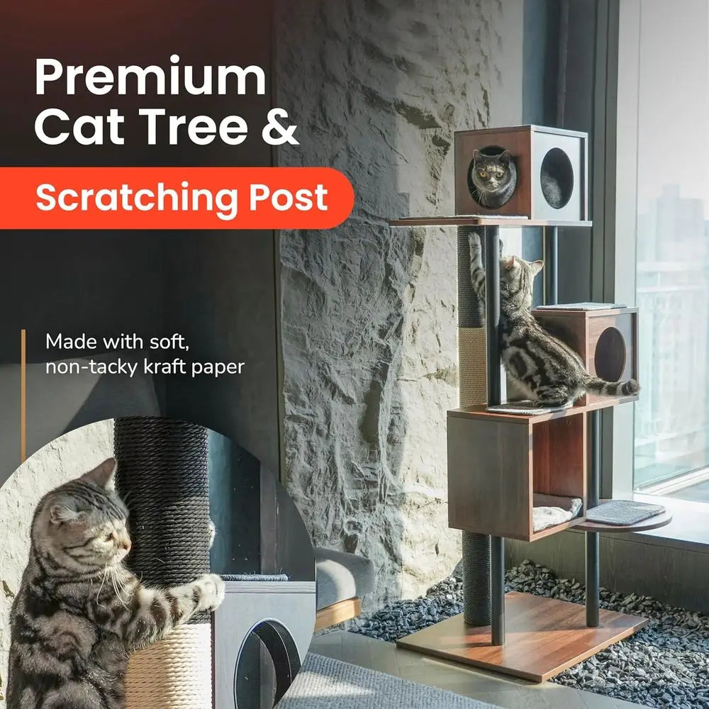 Stylish Wooden Cat Tower & Scratching Post - 60 Decor-Friendly, 48 Tall Post, 3-Level Condo for Multi-Cat Comfort