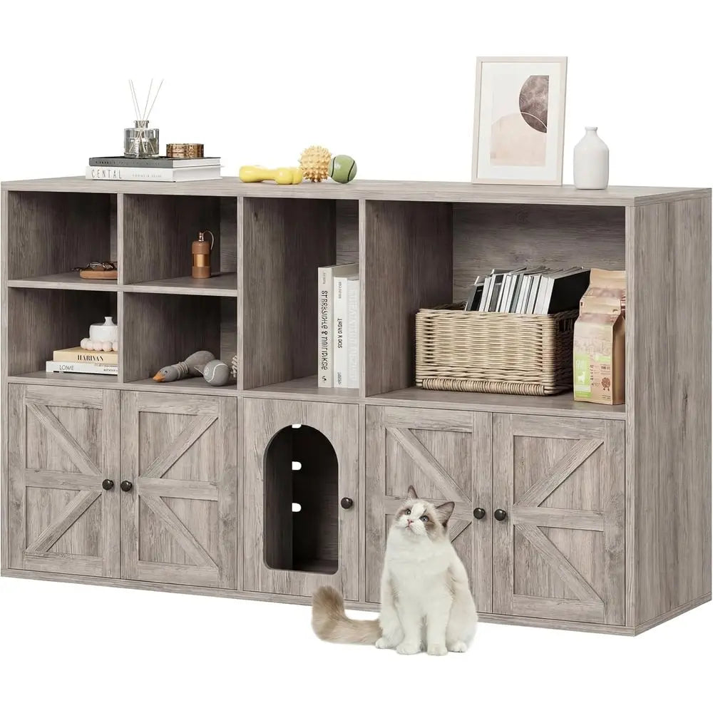 Cat Litter Box Enclosure or 2 Cats, Litter Box Urniture Hidden with Double Room and Large Storage Space, Wooden Washroom Urnitur
