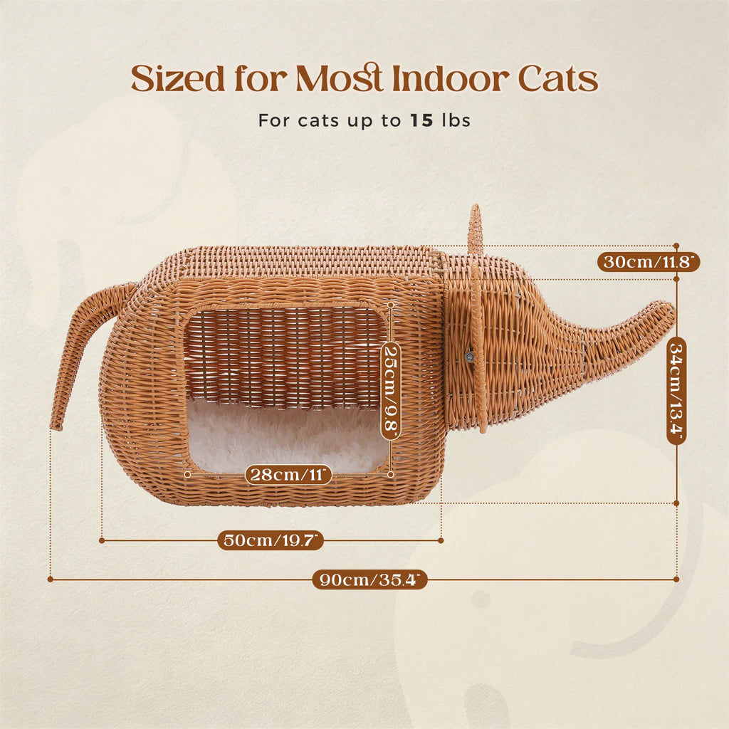 Elephant Cat Condo with Thick Plush Cushion Cute Handwoven Wicker Kitten House for Indoor Cats Natural Rattan Pet Beds Cat Nest