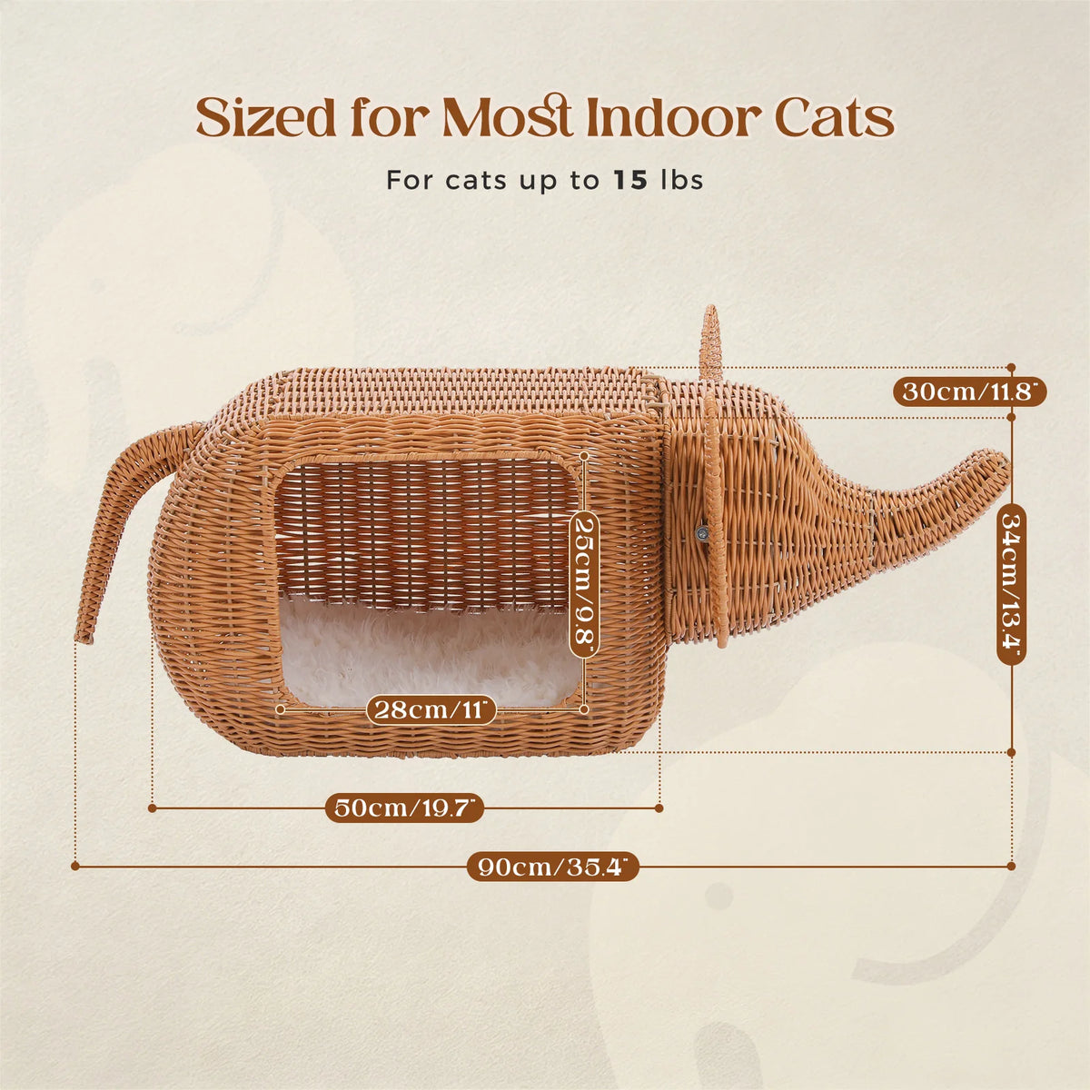Elephant Cat Condo with Thick Plush Cushion Cute Handwoven Wicker Kitten House for Indoor Cats Natural Rattan Pet Beds Cat Nest