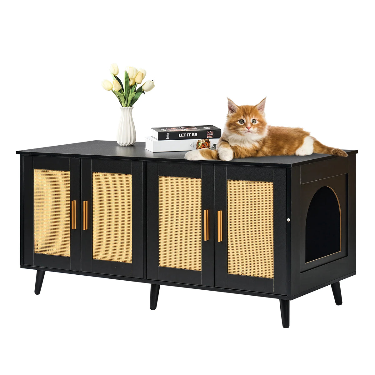 Cat Litter Box Enclosure for 2 Cats, Litter Box Furniture Hidden with Rattan Decorated Doors, Wooden Cat Box Cabinet Fit Most of Litter Box, 47.2L X 19.7W X 21.7H, Black