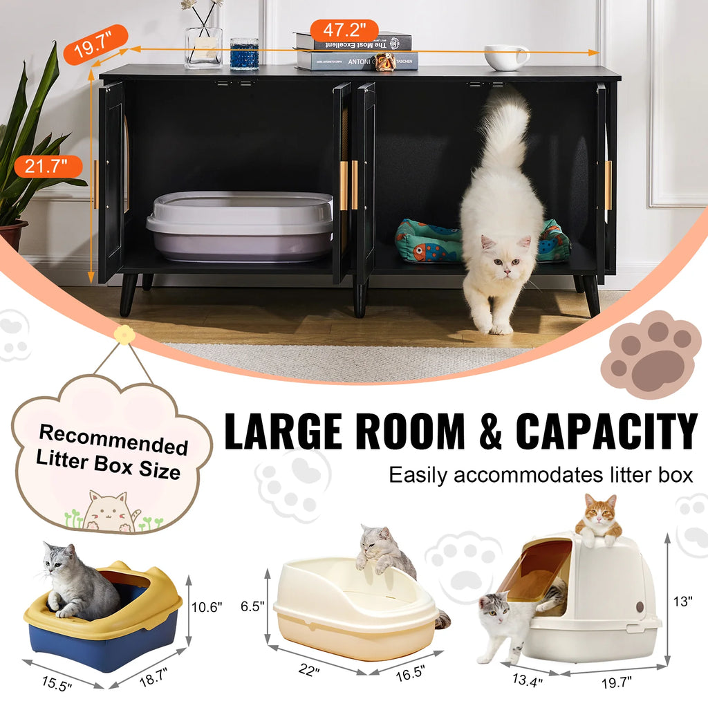 Cat Litter Box Enclosure for 2 Cats, Litter Box Furniture Hidden with Rattan Decorated Doors, Wooden Cat Box Cabinet Fit Most of Litter Box, 47.2L X 19.7W X 21.7H, Black