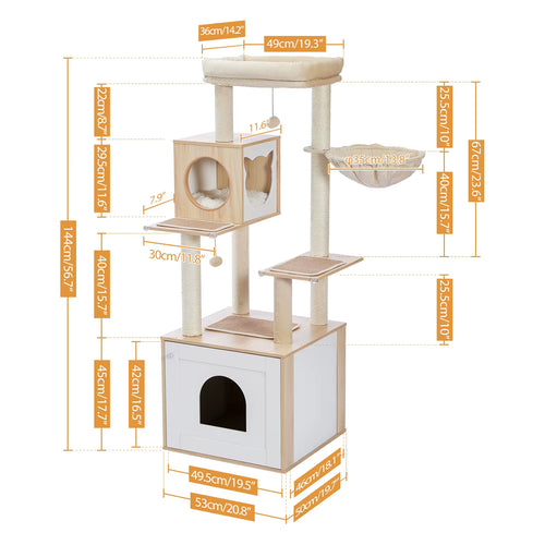 Multi-Level Cat Tree for Indoor Wood Cat Tower with Scratching Posts Spacious Condo Hammock Top Perch Cat Scratcher Cat Toys