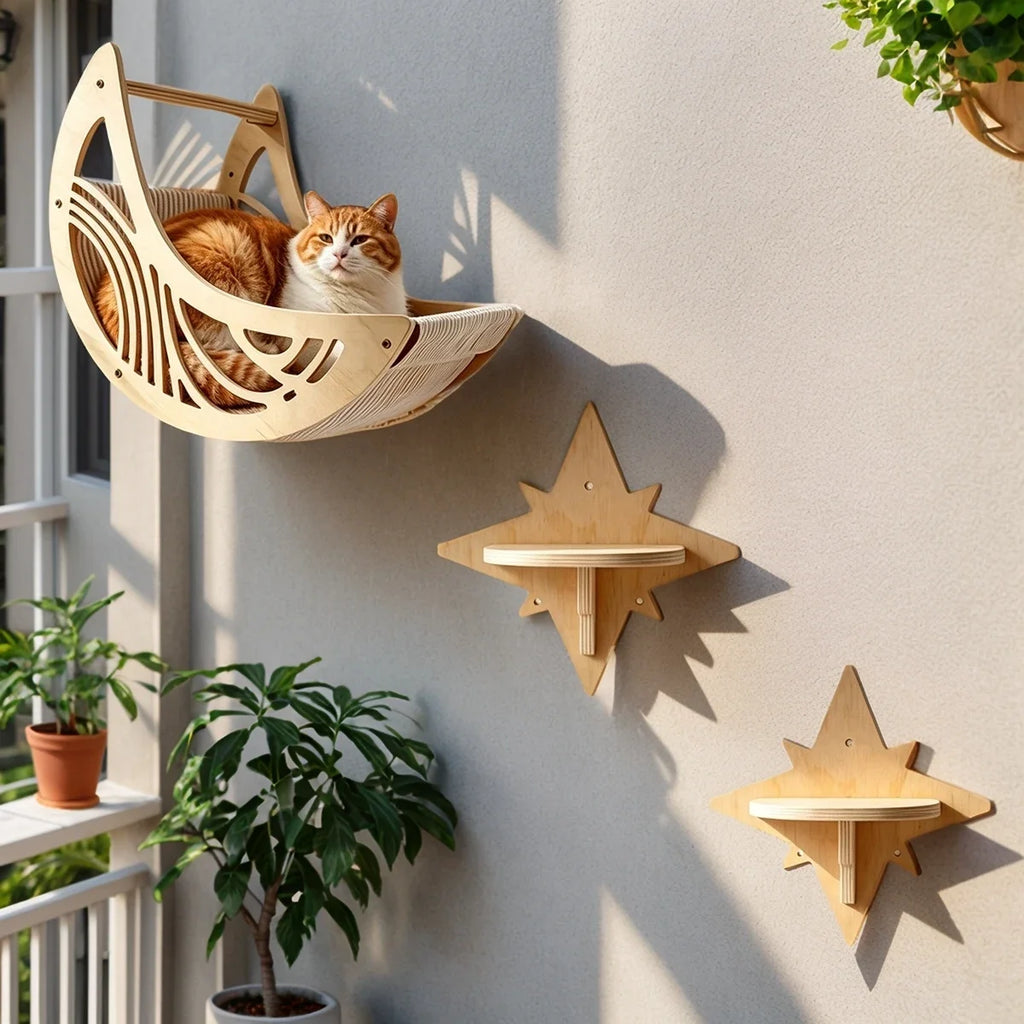 Wall-Mounted Cat Hammock Wooden Cat Tree Tower Jumping Platform Hammock Scratching Post Stairs Perches Shelves Cats Furniture