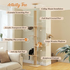 Floor to Ceiling Cat Tree for Indoor Cats Adjustable Height Wooden Cat Tower with Thick Scratching Posts Acrylic Cave Cat Toys