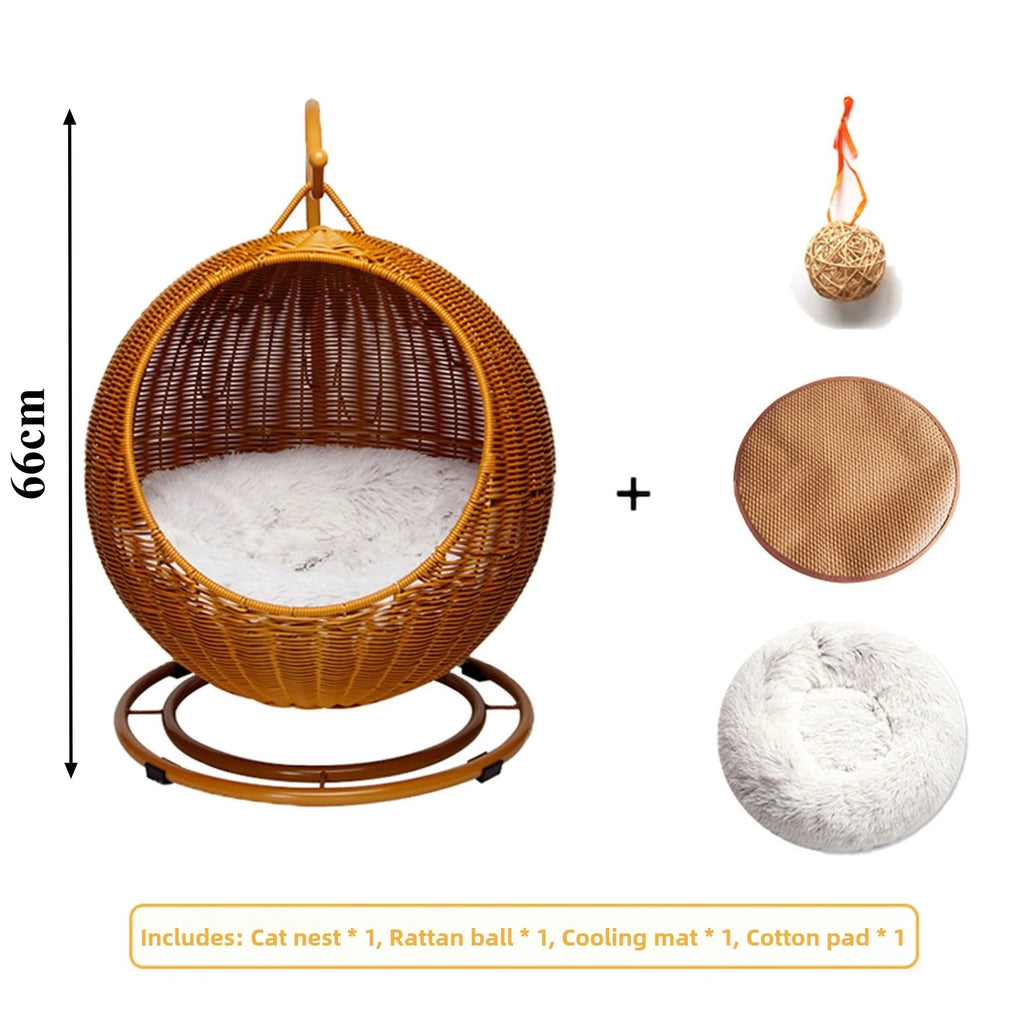 Rattan Hanging Cat Bed Soft Cushioned Cat Hammock Breathable Detachable Cats Beds Home Decor Swing Nest for Cats Small Dog