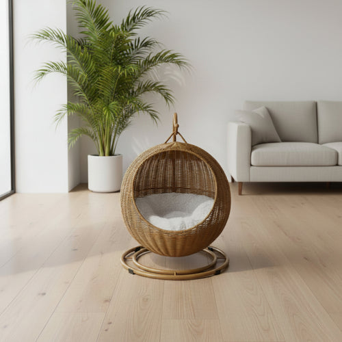 Rattan Hanging Cat Bed Soft Cushioned Cat Hammock Breathable Detachable Cats Beds Home Decor Swing Nest for Cats Small Dog
