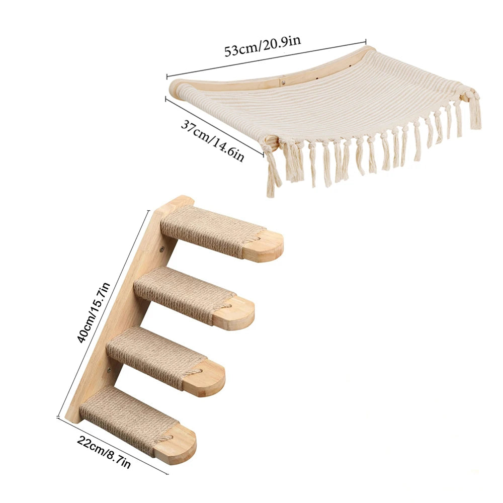 Wall-Mounted Cat Hammock Cat Tree Tower Scratching Post Star-Shaped Steps Ladder Kitten Hiding House Indoor Cats Playground