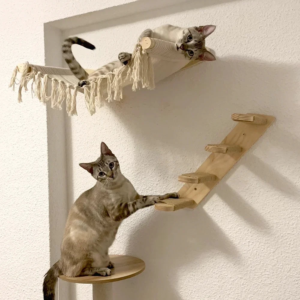Wall-Mounted Cat Hammock Wooden Cat Tree Tower Jumping Platform Hammock Scratching Post Stairs Perches Shelves Cats Furniture