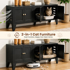 58In Metal Cat Litter Box Enclosure, Hidden Litter Furniture for 2 Cats, Large Indoor Cat House TV Stand Cabinet W Ventilation & 2 Compartments, Black Modern Pet Washroom W Adjustable Legs