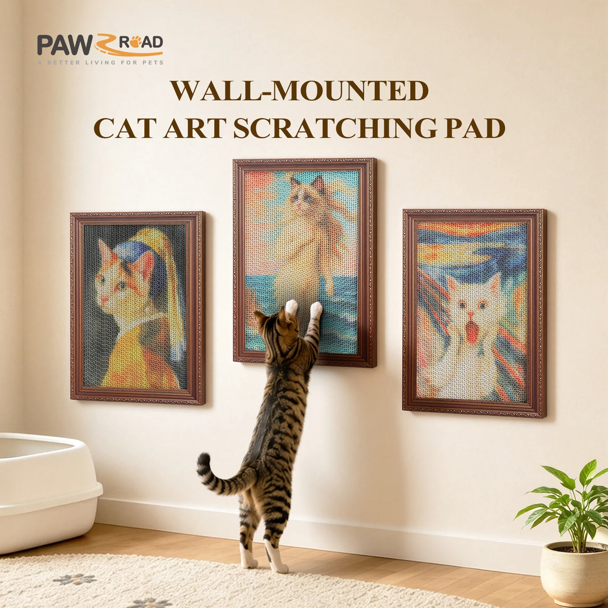 3 Pack Cardboard Cat Wall Scratcher Board, Art Wall Cat Scratcher with No-Drill Adhesive Strips, Water-Based Ink, Furniture Protector for Indoor Cats