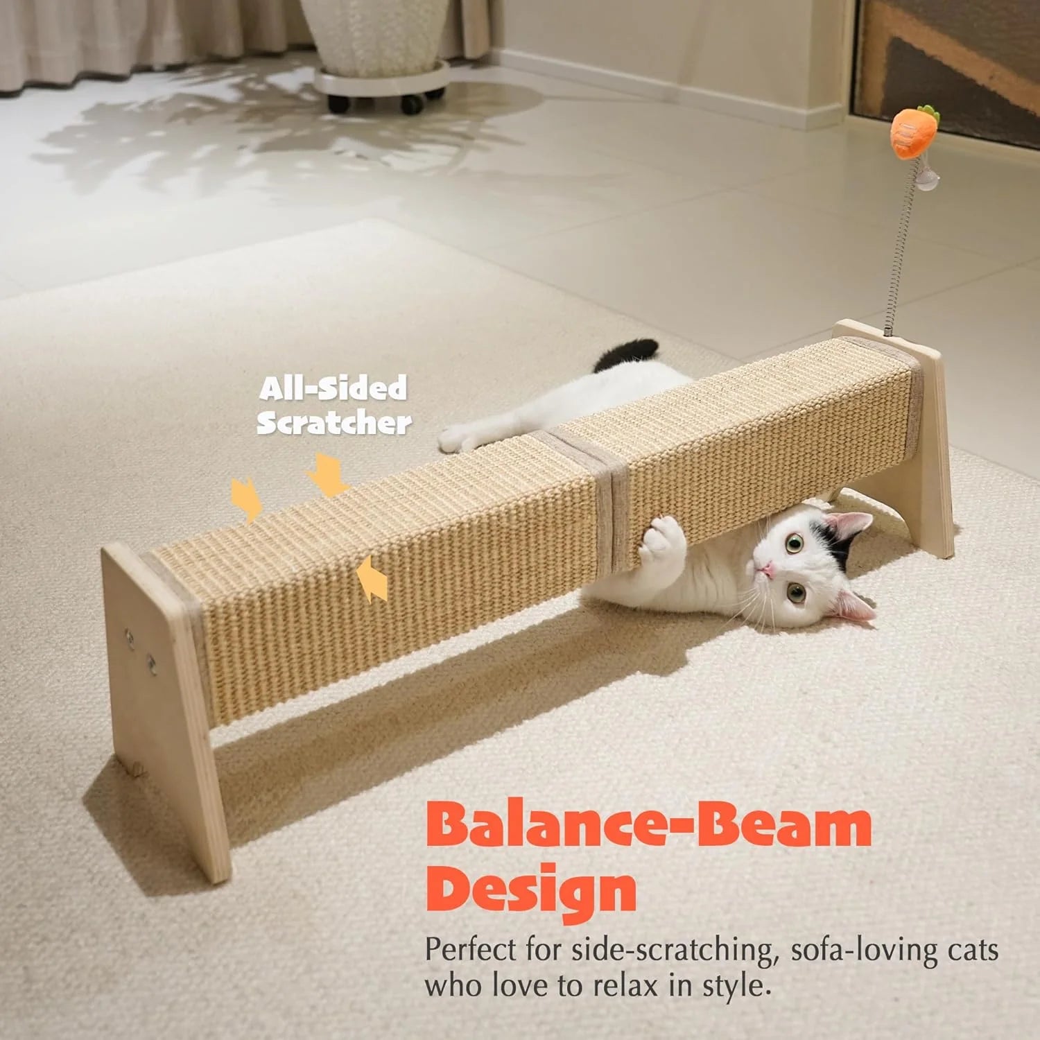 Horizontal Scratching Post, 30" Sisal Cat Scratch Pad, Large Cat Scratcher with Spring Toy, Protect Furniture for Indoor Kitten