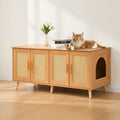 Cat Litter Box Enclosure for 2 Cats, Litter Box Furniture Hidden with Rattan Decorated Doors, Wooden Cat Box Cabinet Fit Most of Litter Box, 47.2L X 19.7W X 21.7H, Natural