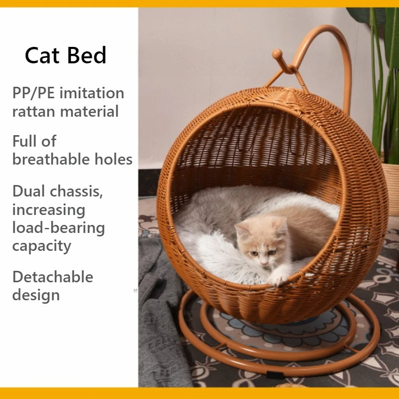 Rattan Hanging Cat Bed Soft Cushioned Cat Hammock Breathable Detachable Cats Beds Home Decor Swing Nest for Cats Small Dog