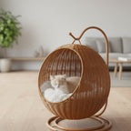 Rattan Hanging Cat Bed Soft Cushioned Cat Hammock Breathable Detachable Cats Beds Home Decor Swing Nest for Cats Small Dog
