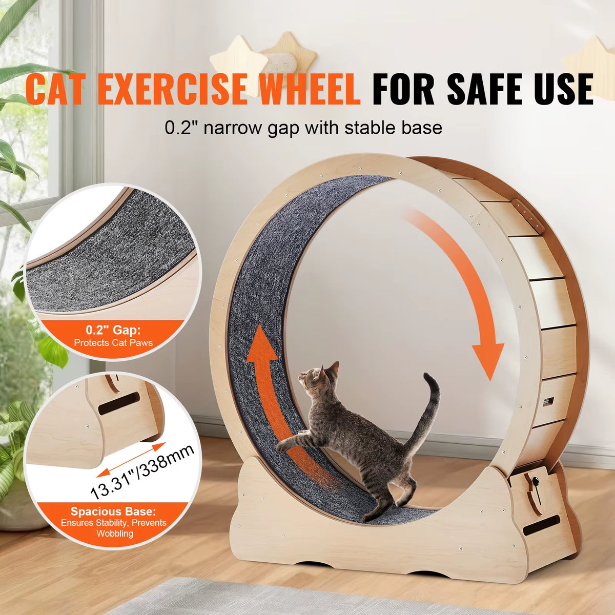 Succebuy Wooden Cat Exercise Wheel Large Cat Treadmill Wheel for Indoor Cat Running Wheel with Detachable Carpet& Cat Teaser