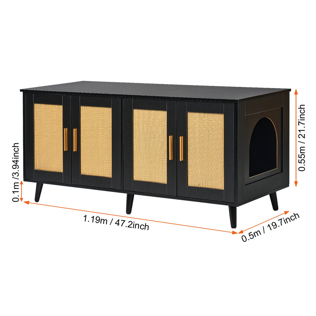 Cat Litter Box Enclosure for 2 Cats, Litter Box Furniture Hidden with Rattan Decorated Doors, Wooden Cat Box Cabinet Fit Most of Litter Box, 47.2L X 19.7W X 21.7H, Black