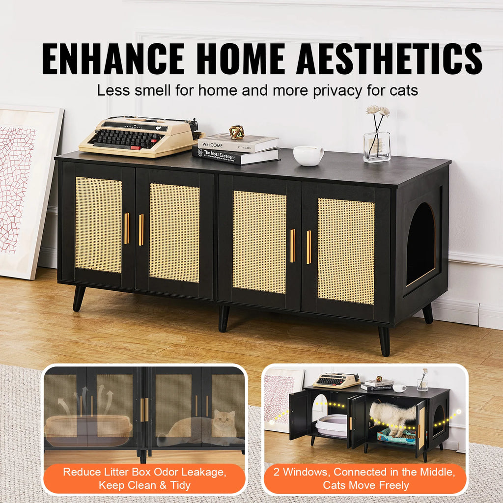 Cat Litter Box Enclosure for 2 Cats, Litter Box Furniture Hidden with Rattan Decorated Doors, Wooden Cat Box Cabinet Fit Most of Litter Box, 47.2L X 19.7W X 21.7H, Black