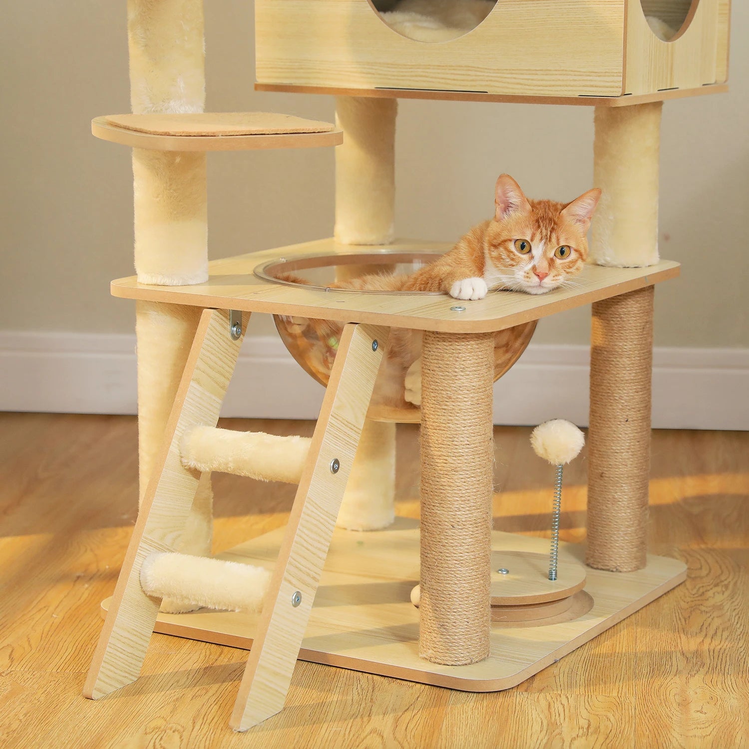 Multi-Level Cat Tree for Indoor Wood Cat Tower with Scratching Posts Spacious Condo Hammock Top Perch Cat Scratcher Cat Toys