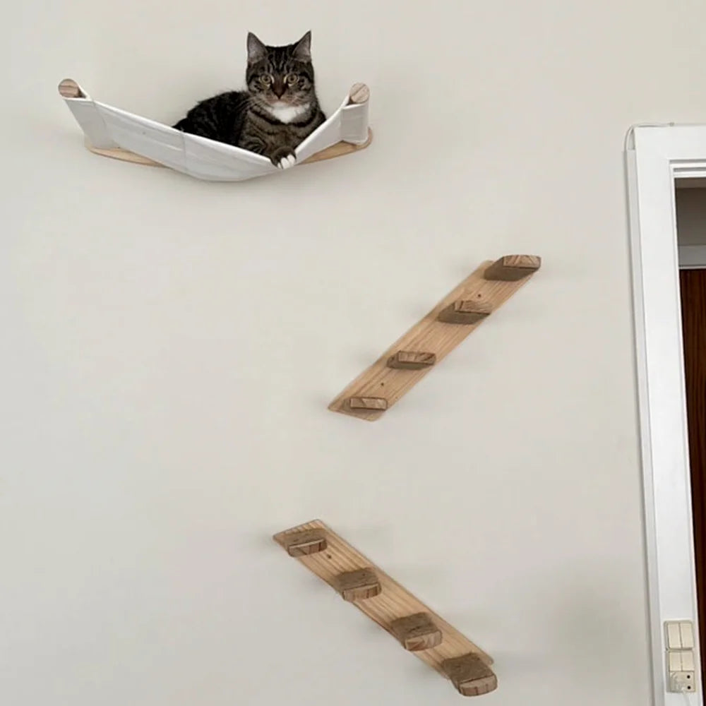 Wall-Mounted Cat Hammock Cat Tree Tower Scratching Post Star-Shaped Steps Ladder Kitten Hiding House Indoor Cats Playground