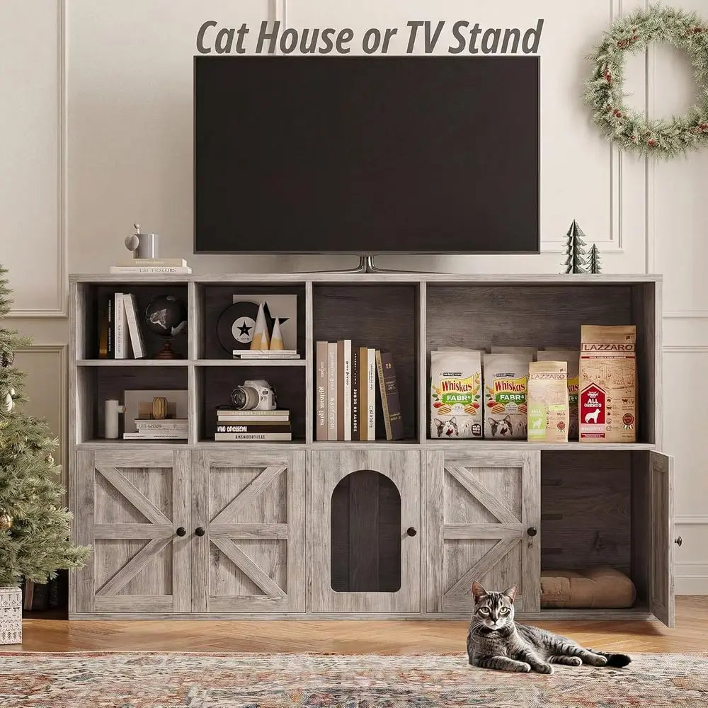 Cat Litter Box Enclosure or 2 Cats, Litter Box Urniture Hidden with Double Room and Large Storage Space, Wooden Washroom Urnitur