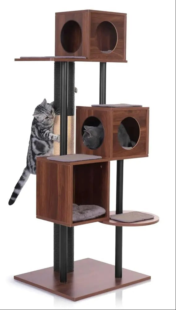 Stylish Wooden Cat Tower & Scratching Post - 60 Decor-Friendly, 48 Tall Post, 3-Level Condo for Multi-Cat Comfort